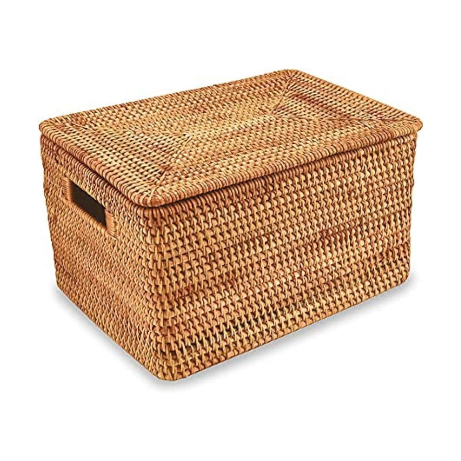 Rattan Basket / Large Lidded Basket For Storage / 15.3" Lx11.4"wx9.5"h / 4 Inch