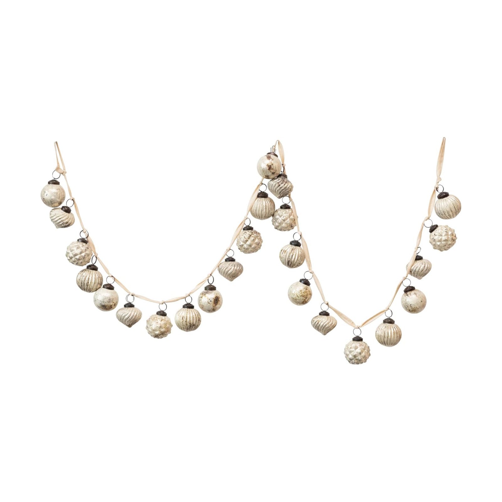 Creative Co-Op Embossed Mercury Glass Ball Ornament Garland, Distressed Matte Cream