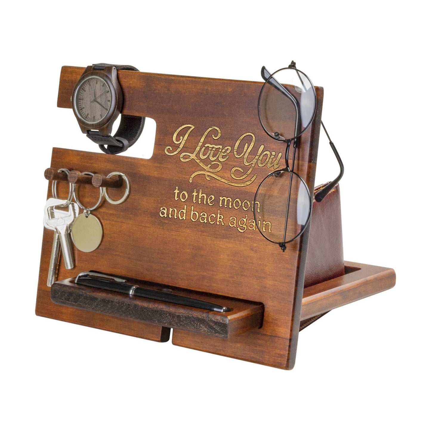 Gifts for Him Anniversary - Wood Phone Docking Station for Men Personalized - Hooks Key Holder Wallet Stand Watch
