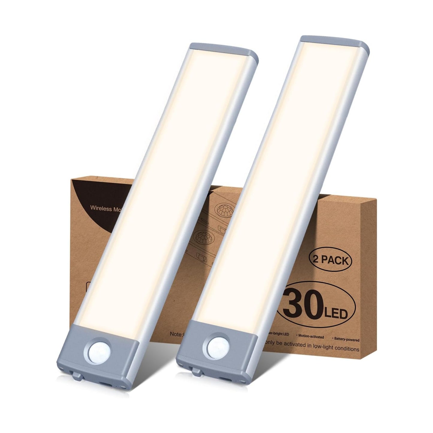 PRIORARE 30LED Motion Sensor Led Under Cabinet Lighting Warm White 2Pack | Wireless Cabinet Light Rechargeable, Closet
