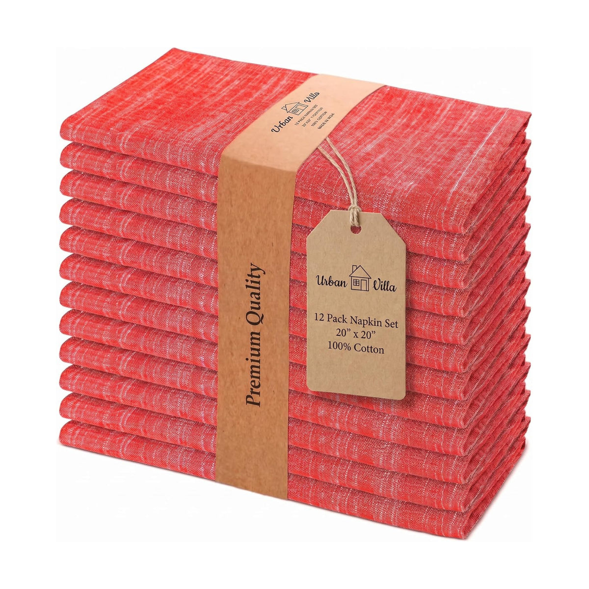 Urban Villa Cloth Napkins 100% Cotton Highly Absorbent Washable Reusable Premium Dinner Napkins Ideal for Gifts for Mothers Day Hotel Farmhouse Parties - Red/White Chambray (20" x 20", Set of 12)