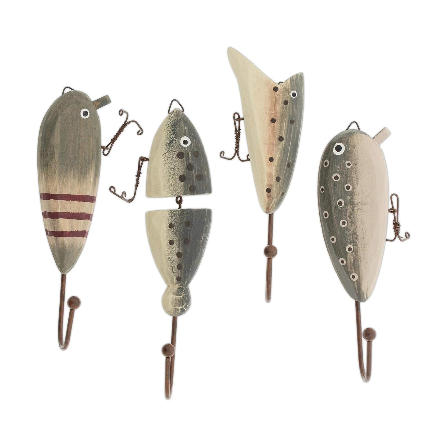 Wooden Fish Lure Wall Hooks / Green / 7 x 2 / Set of 4