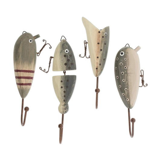 Wooden Fish Lure Wall Hooks / Green / 7 x 2 / Set of 4