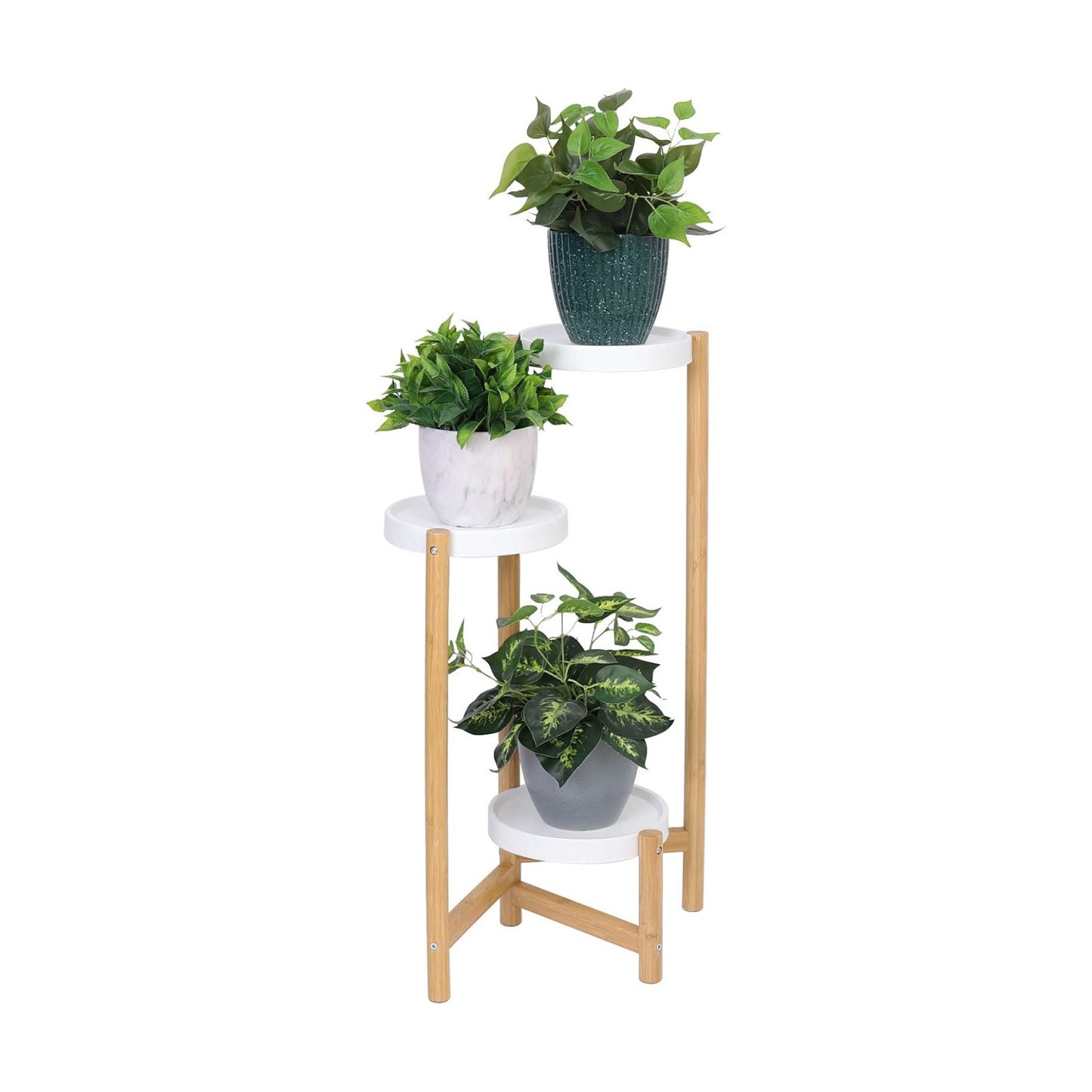 unho 3-Tier Bamboo Plant Stand: Nordic Style Potted Flower Display Shelf Holder Indoor Planter Rack with White Round