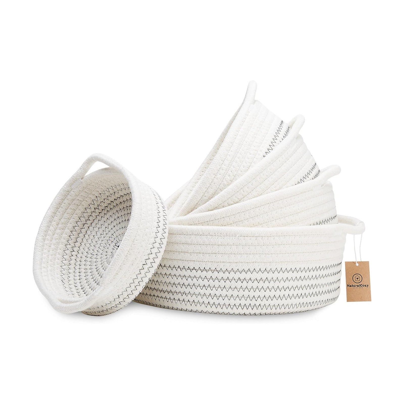 5-Piece Round Woven Cotton Rope Storage Baskets for Organizing / Off White & Black Stitching