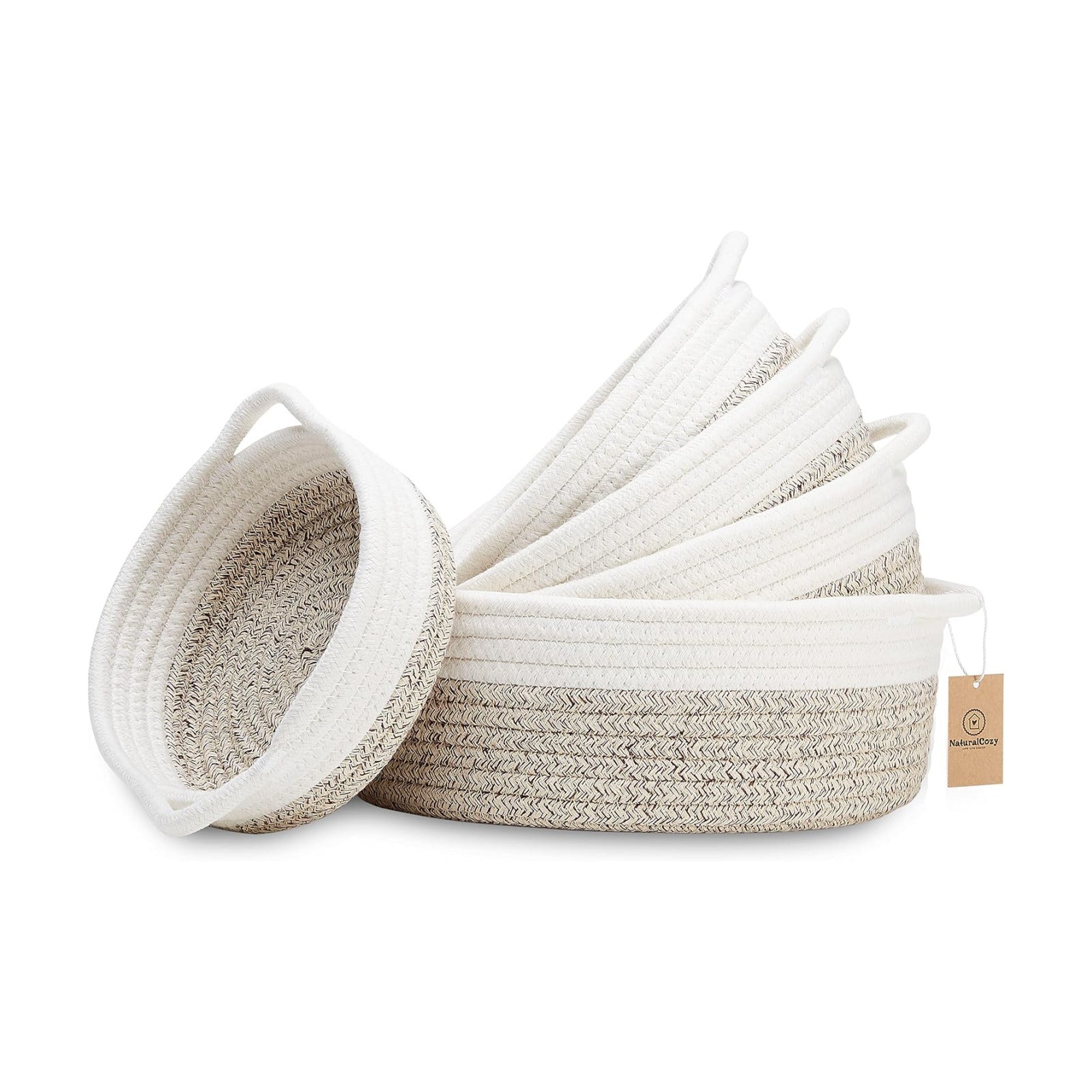 5-Piece Round Woven Cotton Rope Storage Baskets for Organizing / Off White & Mixed Brown