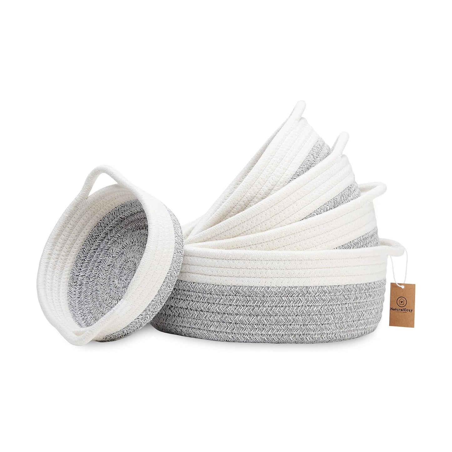 5-Piece Round Woven Cotton Rope Storage Baskets for Organizing / Off White & Mixed Gray