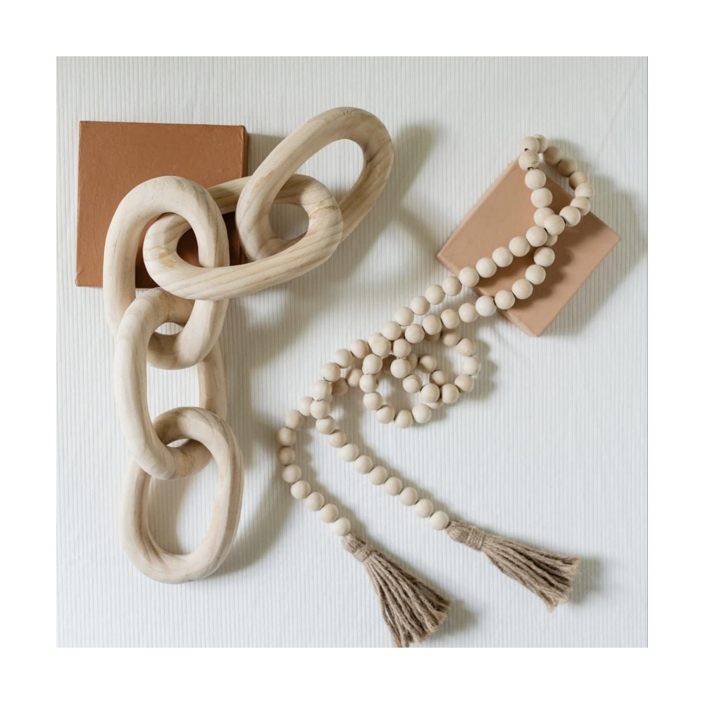 Decorative Wood Chain Link and Bead Garland Set / Natural