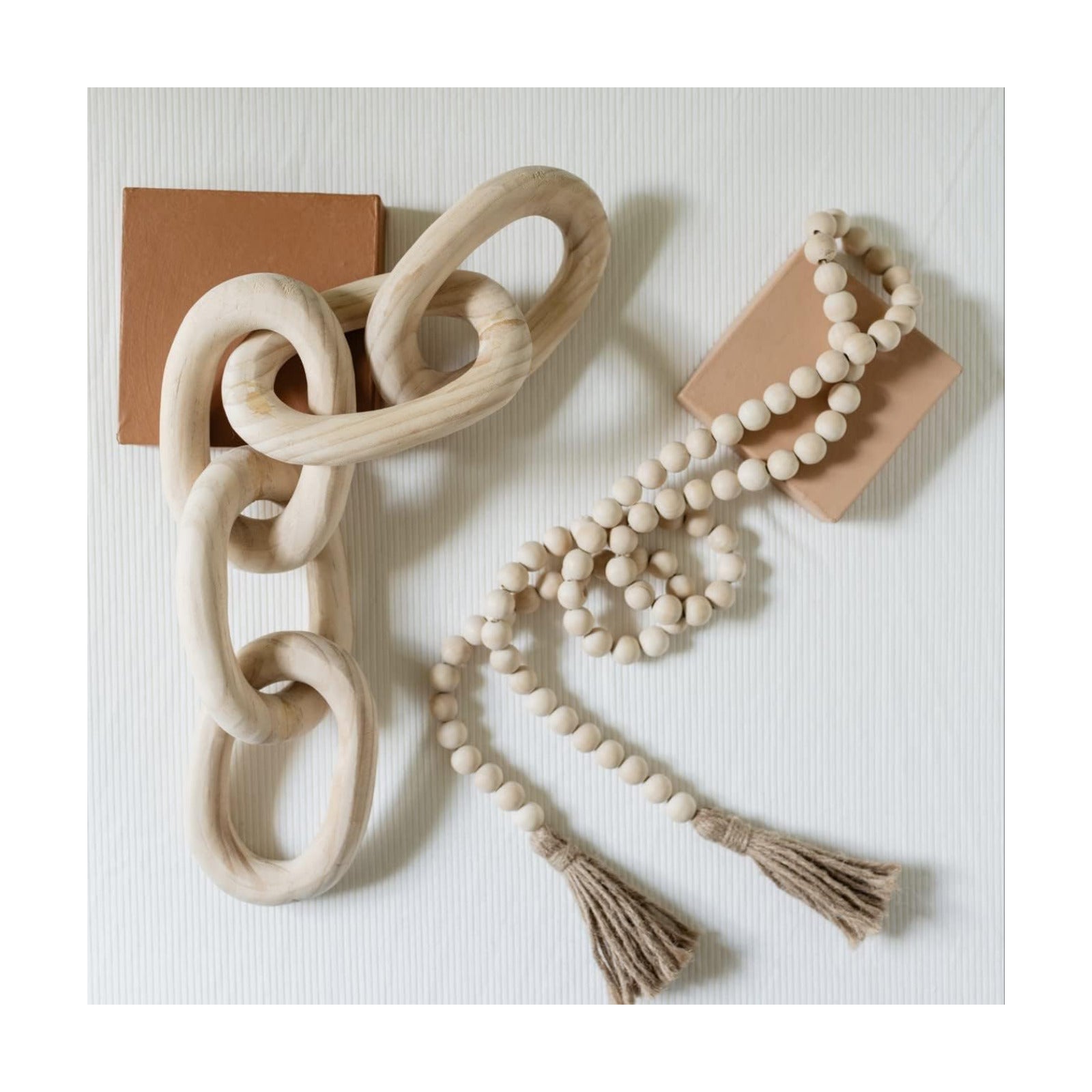 Decorative Wood Chain Link and Bead Garland Set / Natural