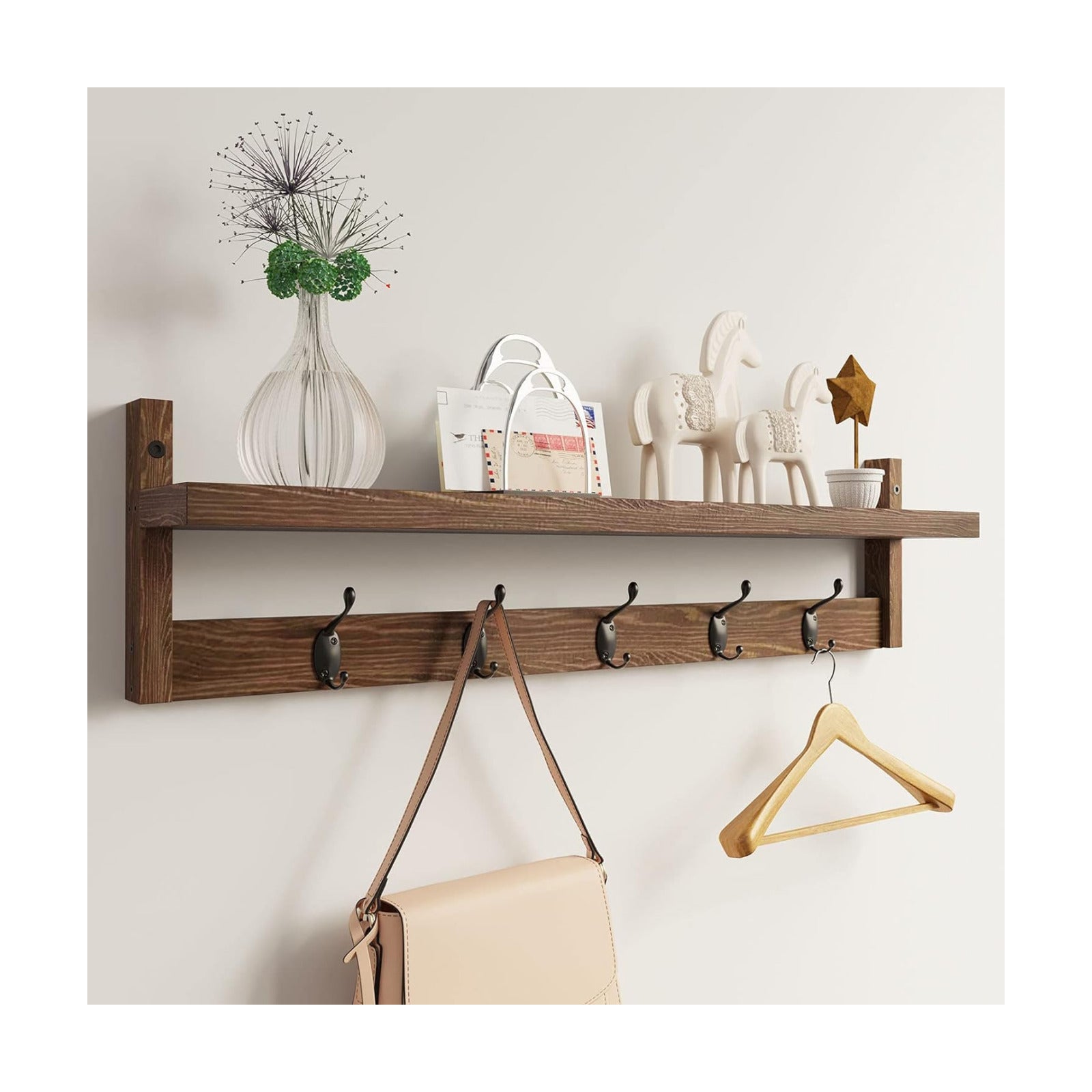 Hooks Entryway Coat Rack Wall Mount Wood Coat Hooks / 28.9inch / Retro Brown