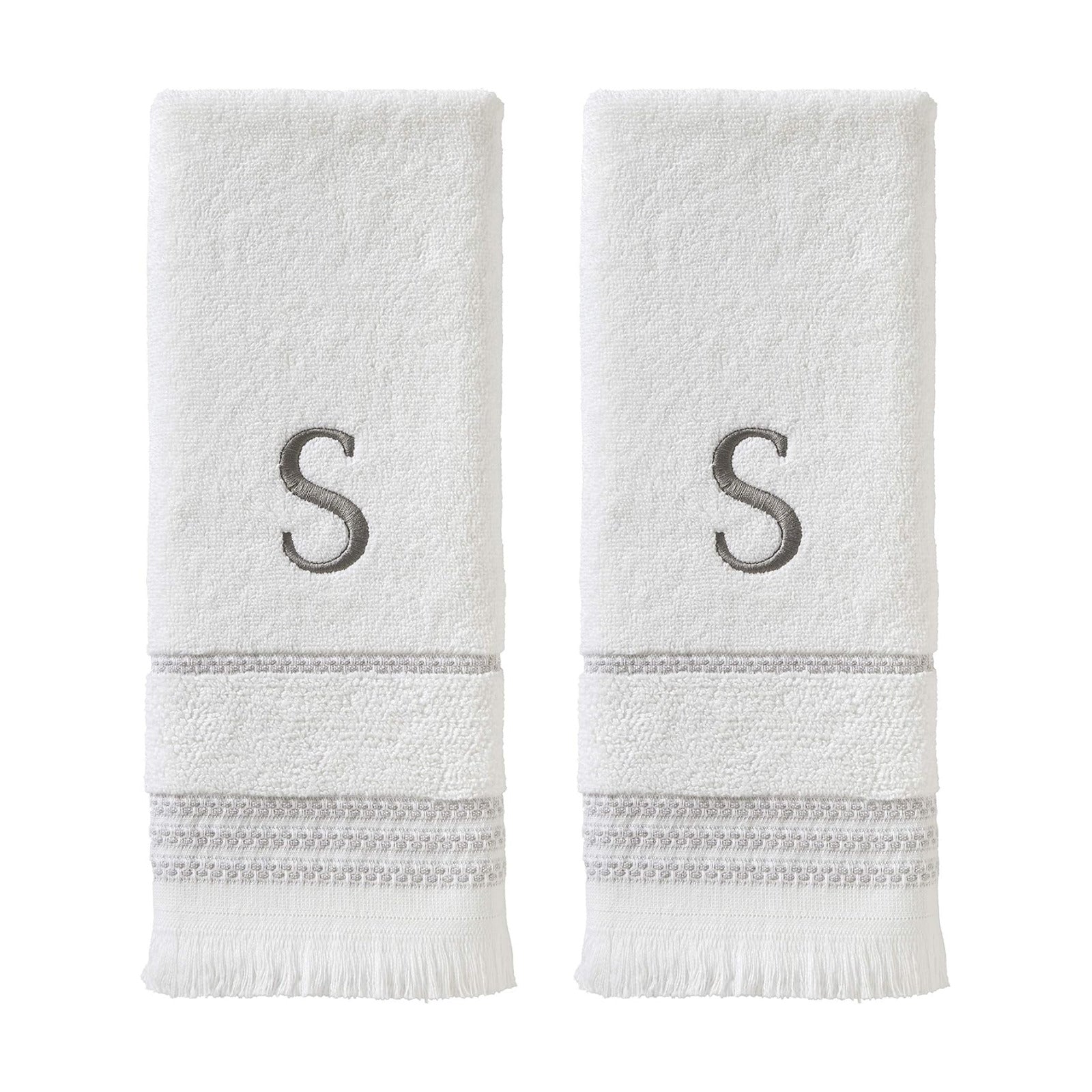SKL Home Casual Monogram Hand Towel Set-2pc, Embroidered S, White | Available in letters A-Z. Personalized style for