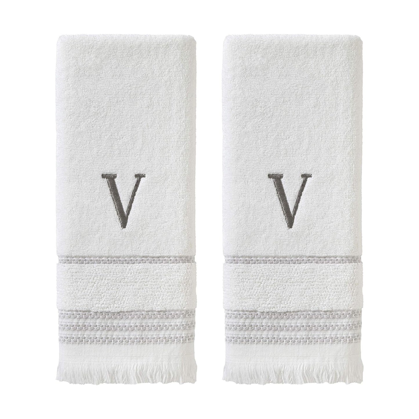 SKL Home Casual Monogram Hand Towel Set-2pc, Embroidered V, White | Available in letters A-Z. Personalized style for