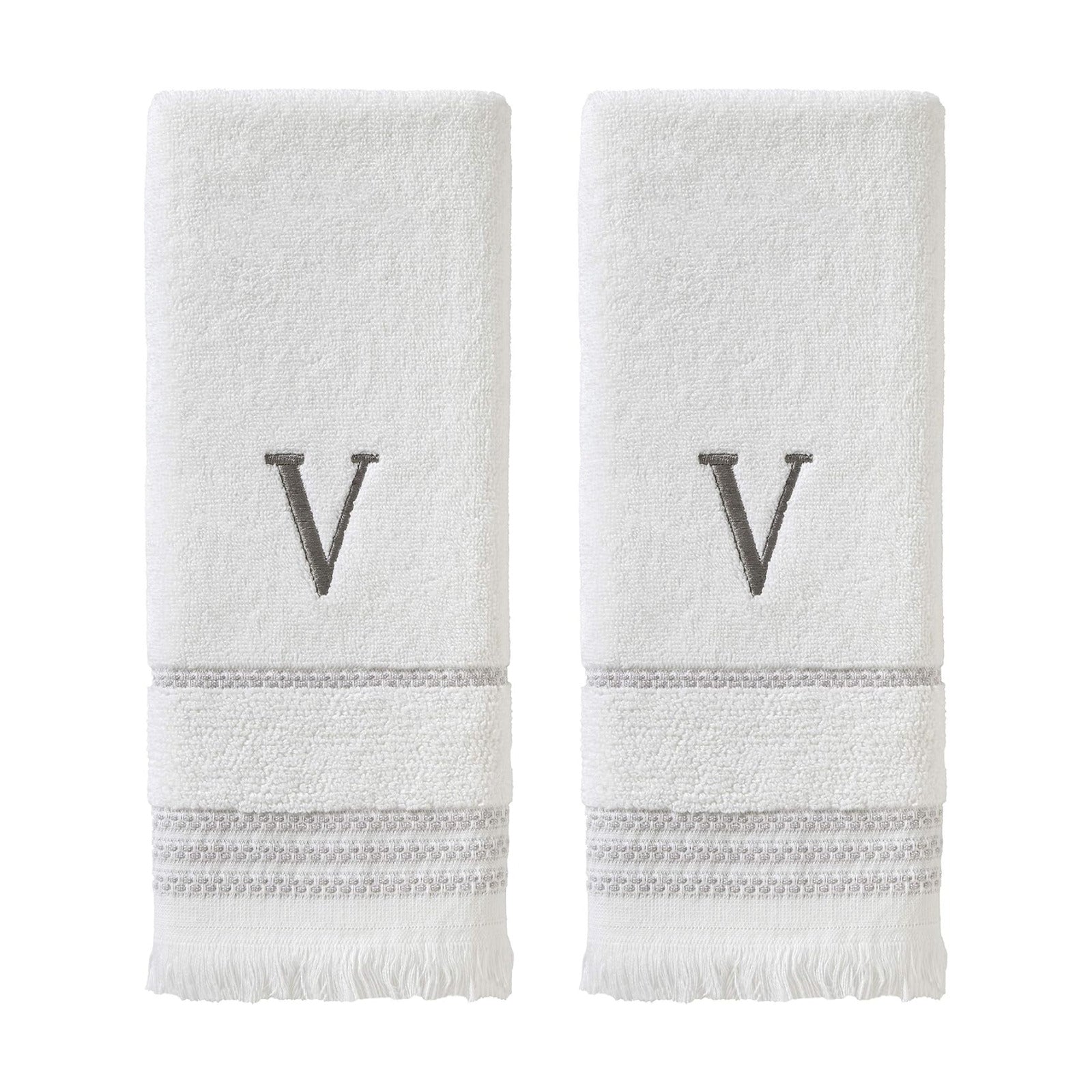 SKL Home Casual Monogram Hand Towel Set-2pc, Embroidered V, White | Available in letters A-Z. Personalized style for
