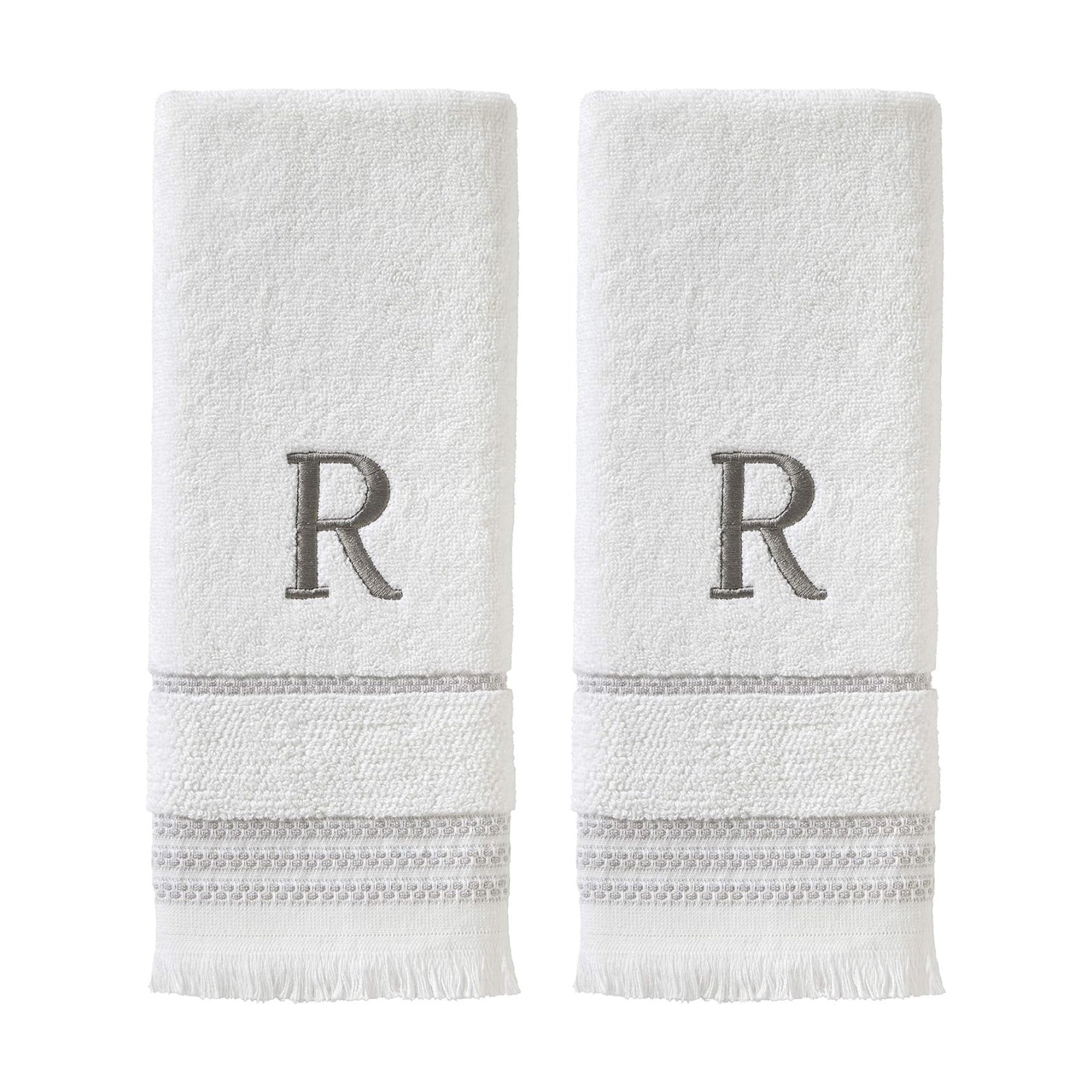 SKL Home Casual Monogram Hand Towel Set-2pc, Embroidered R, White | Available in letters A-Z. Personalized style for