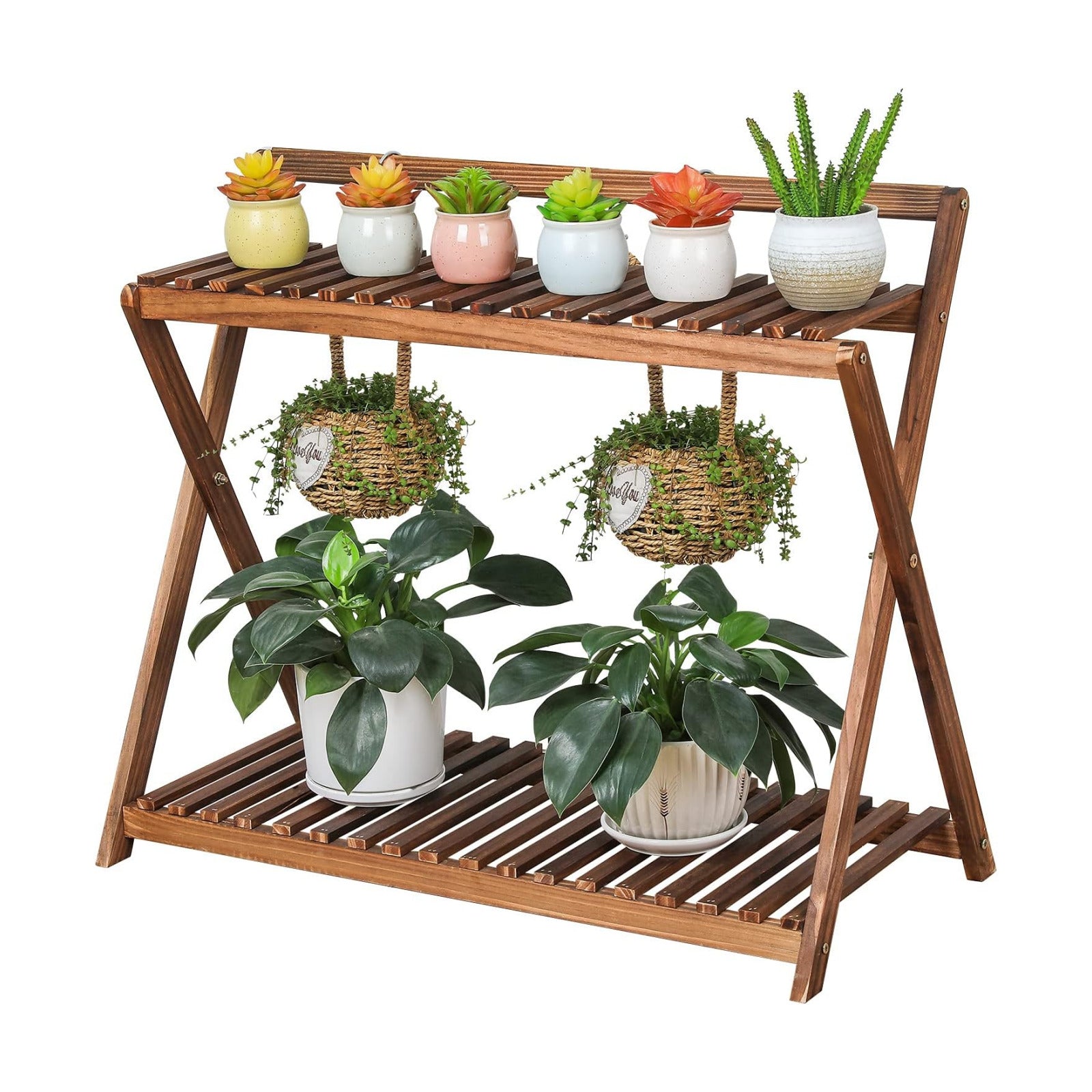 Indoor Plant Stand Shelf for Multiple Plants Hanging 2 Tier Wood | Outdoor Flower Pot Stand Holder with Planter Hanger