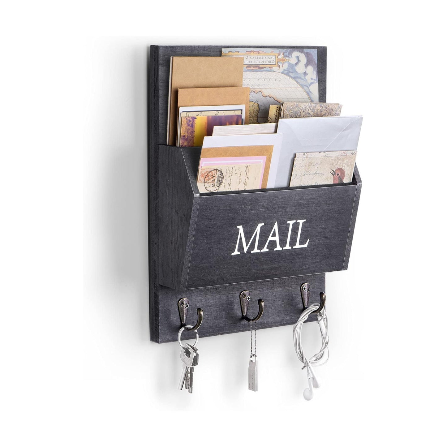 Decorative Wooden Key and Mail Holder / Black / Wall Mount