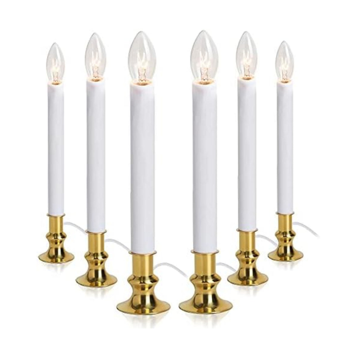 Electric Christmas Window Candle Lamp - 6-Pack | Brass-Plated Base with LED Bulbs | Dusk-to-Dawn Auto Sensor | Turns On in Dark, Off in Light | Ready to Use!