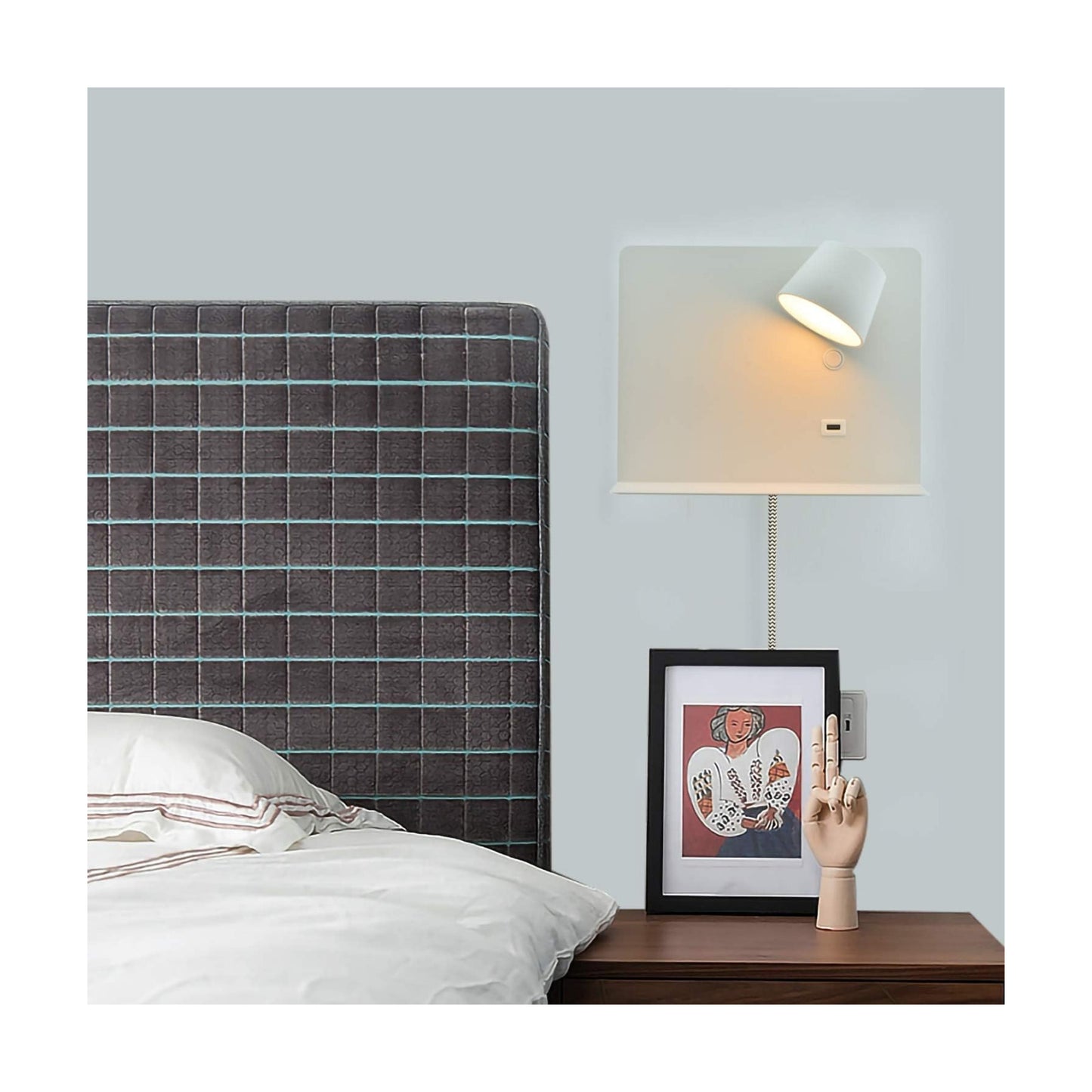 Wall Sconce with USB Port Charging, LED Wall Lamp with Shelf Plug in Cord Reading Lights for Bedside Adjustable