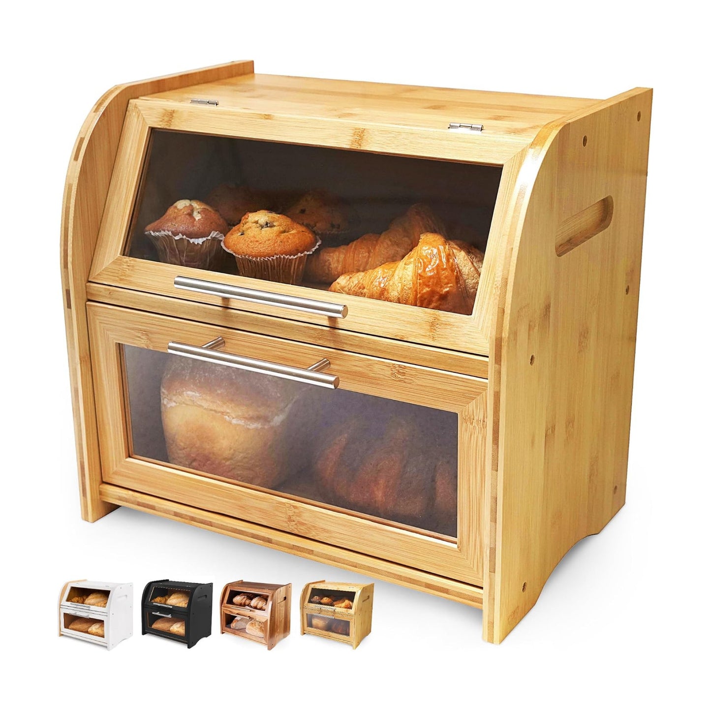 Arise Bamboo Wooden Bread Box for Kitchen Countertop, Extra Large 2-Shelf | Bread Storage Container with Clear Windows
