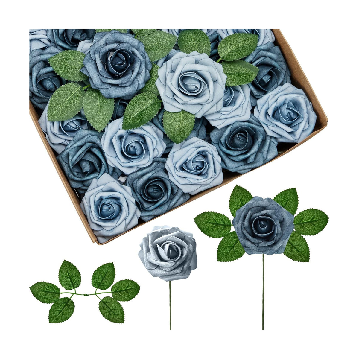 InnoGear Fake Roses 50 Pcs Dusty Blue Shades Flowers Artificial Faux Floral