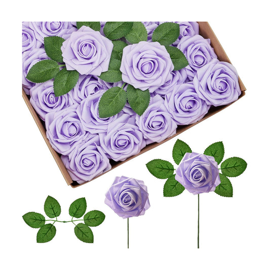 InnoGear Fake Roses 50 Pcs Lilac Purple Flowers Artificial Faux Foam Floral