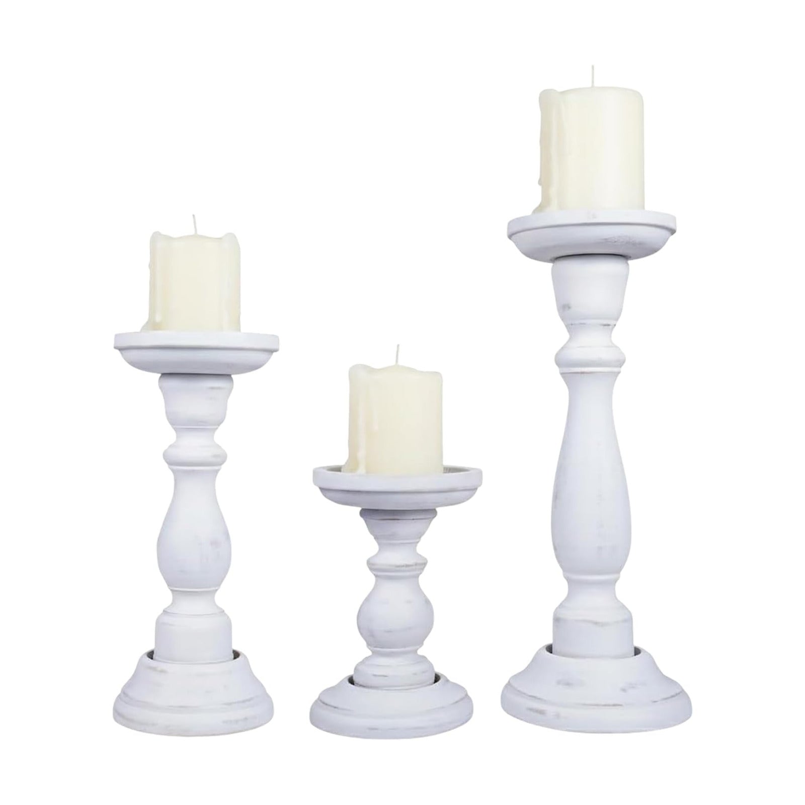 Tuli Mango Wood Candle Holders - Shabby White, Set of 3 | Hand-carved candle holders for table, mantel and living room