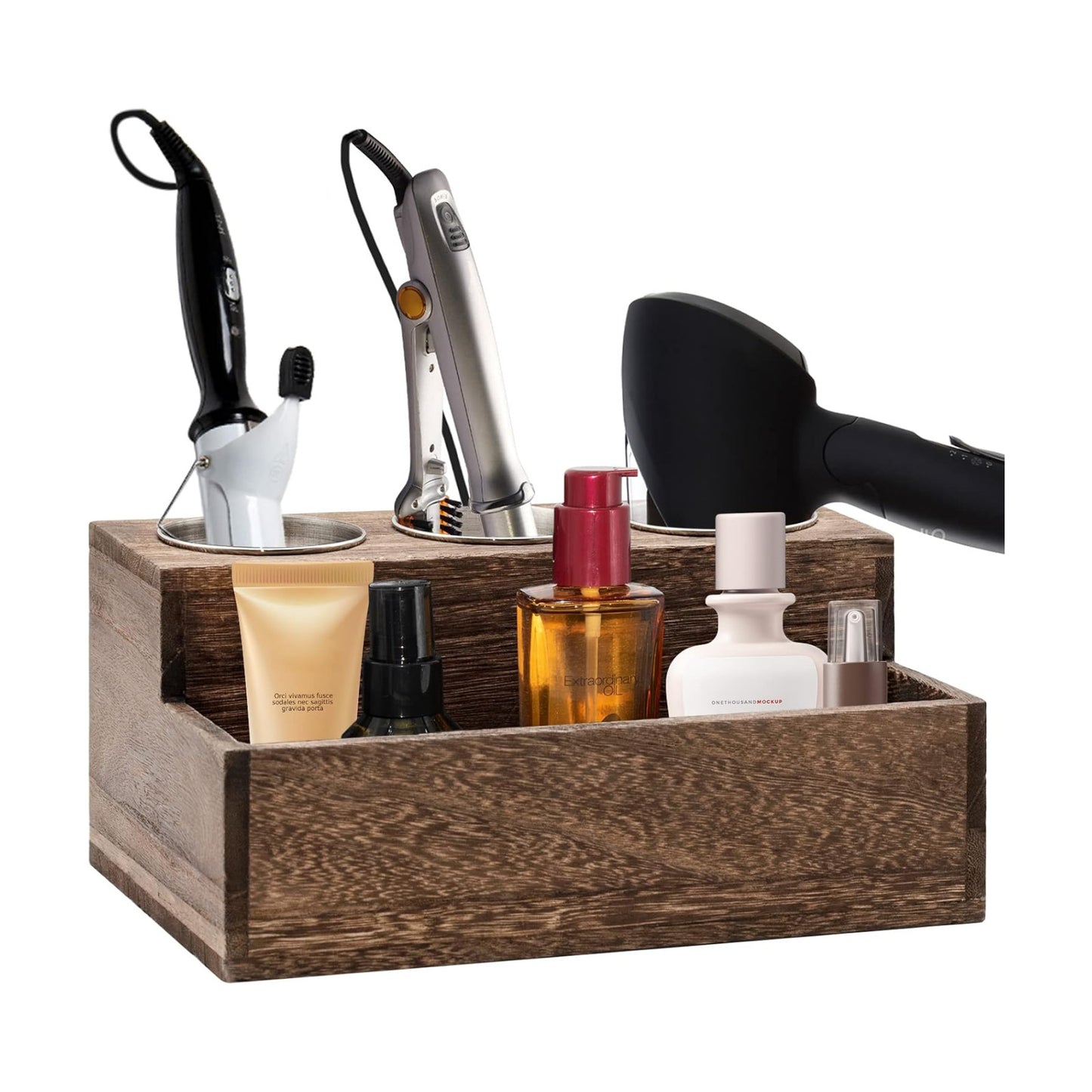 Wooden Hair Dryer Holder - Rustic Hair Tools Organizer with 3 Circular Holes and 1 Compartment, Wooden Hair Accessories