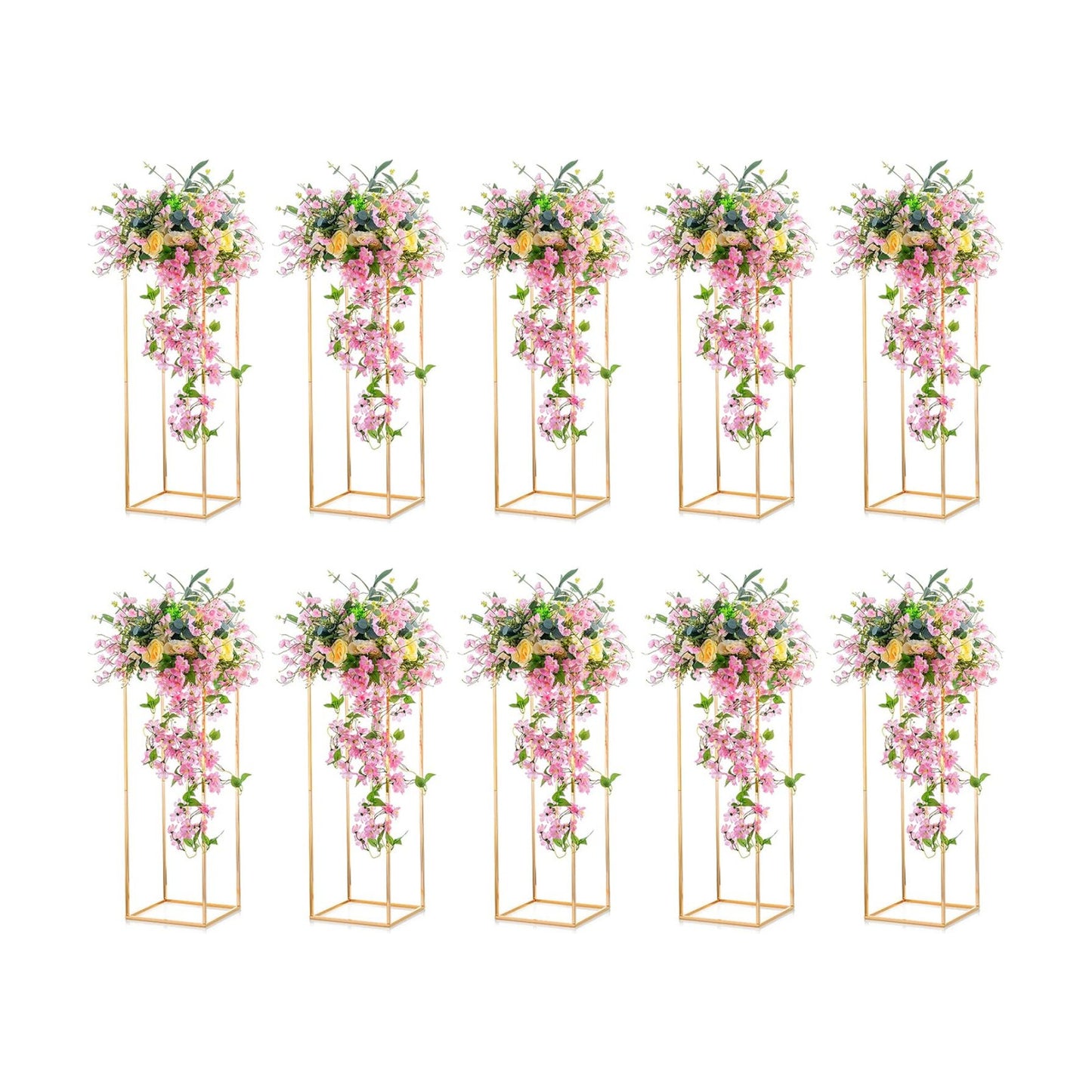 NUPTIO Gold Stands for Centerpieces, Geometric Column, 31.5" Tall, 10 Pcs | Metal Flower Holder, Rectangular Display
