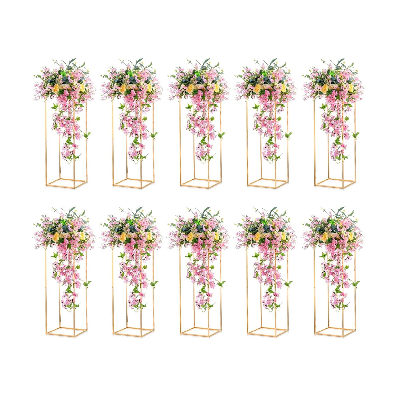 NUPTIO Gold Stands for Centerpieces, Geometric Column, 31.5" Tall, 10 Pcs | Metal Flower Holder, Rectangular Display