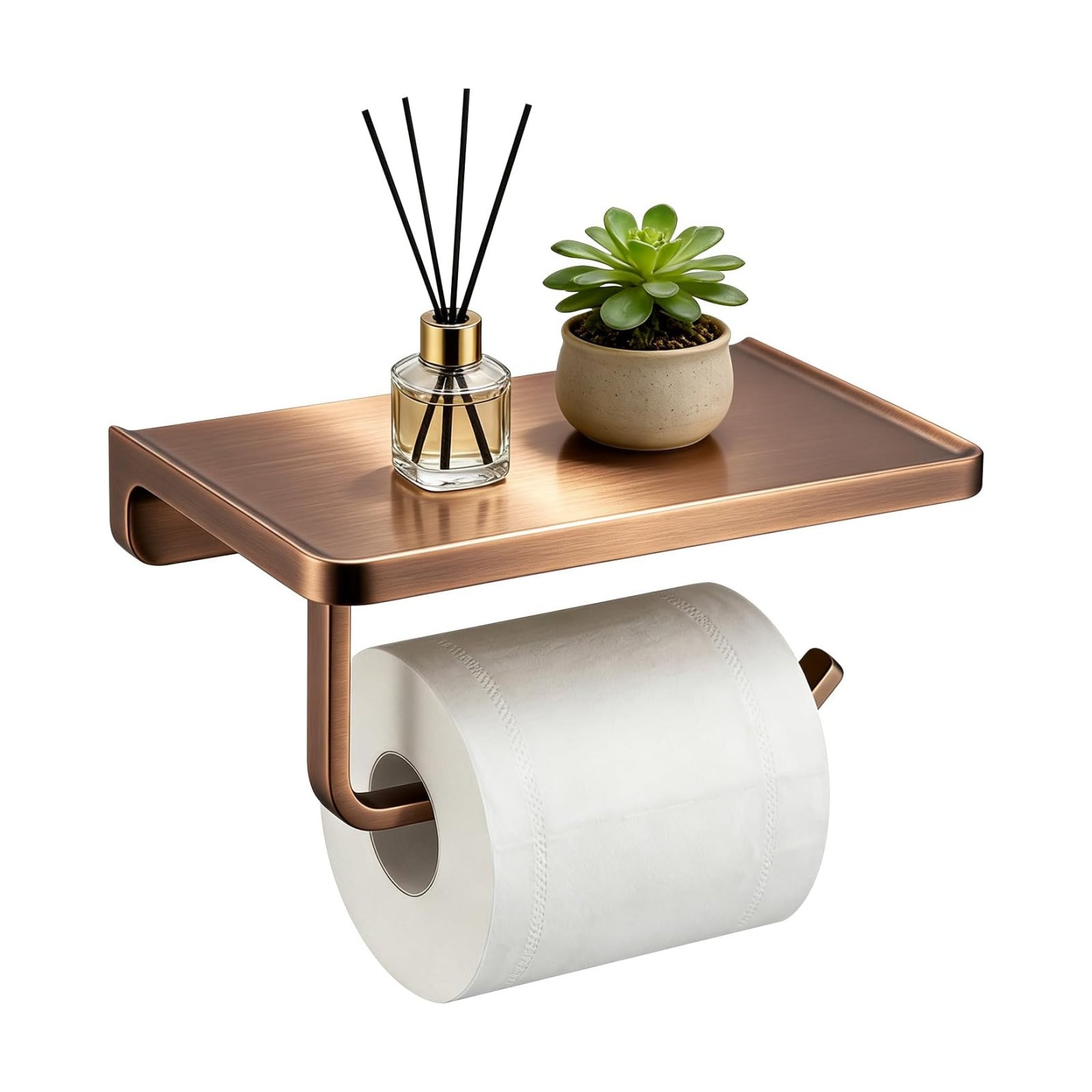TRUSTMI Toilet Paper Holder with Shelf & Phone Stand, Brushed Rose Gold | Solid zinc alloy holder holds 15 lbs and fits