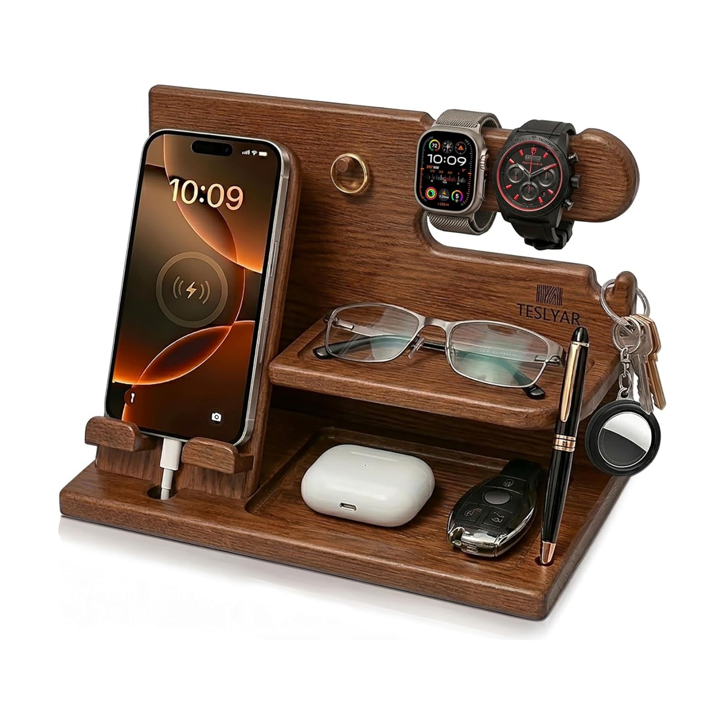 TESLYAR Wood Phone Docking Station for Men - Desk or Nightstand Organizer - Birthday Gifts for Husband or Dad