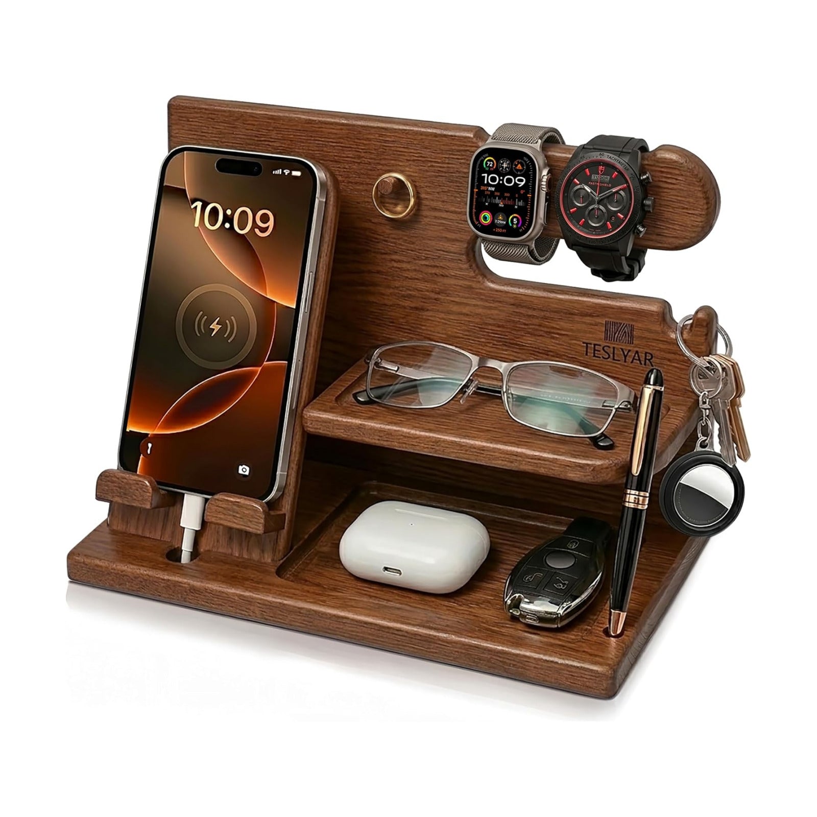 TESLYAR Wood Phone Docking Station for Men - Desk or Nightstand Organizer - Birthday Gifts for Husband or Dad
