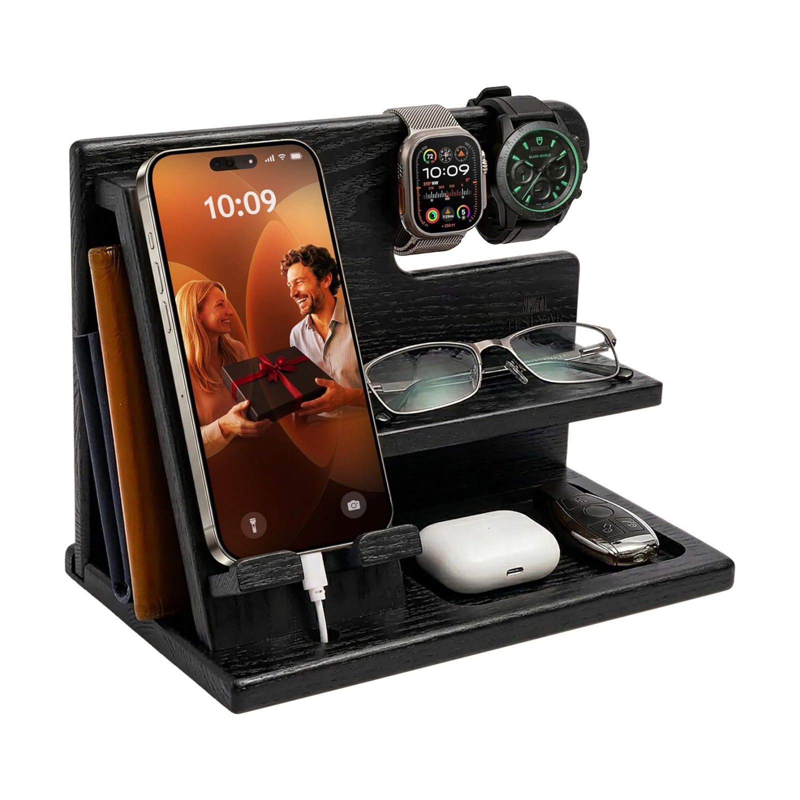 TESLYAR Wood Phone Docking Station for Men - Desktop or Nightstand Organizer - Birthday Gifts for Men, Dad