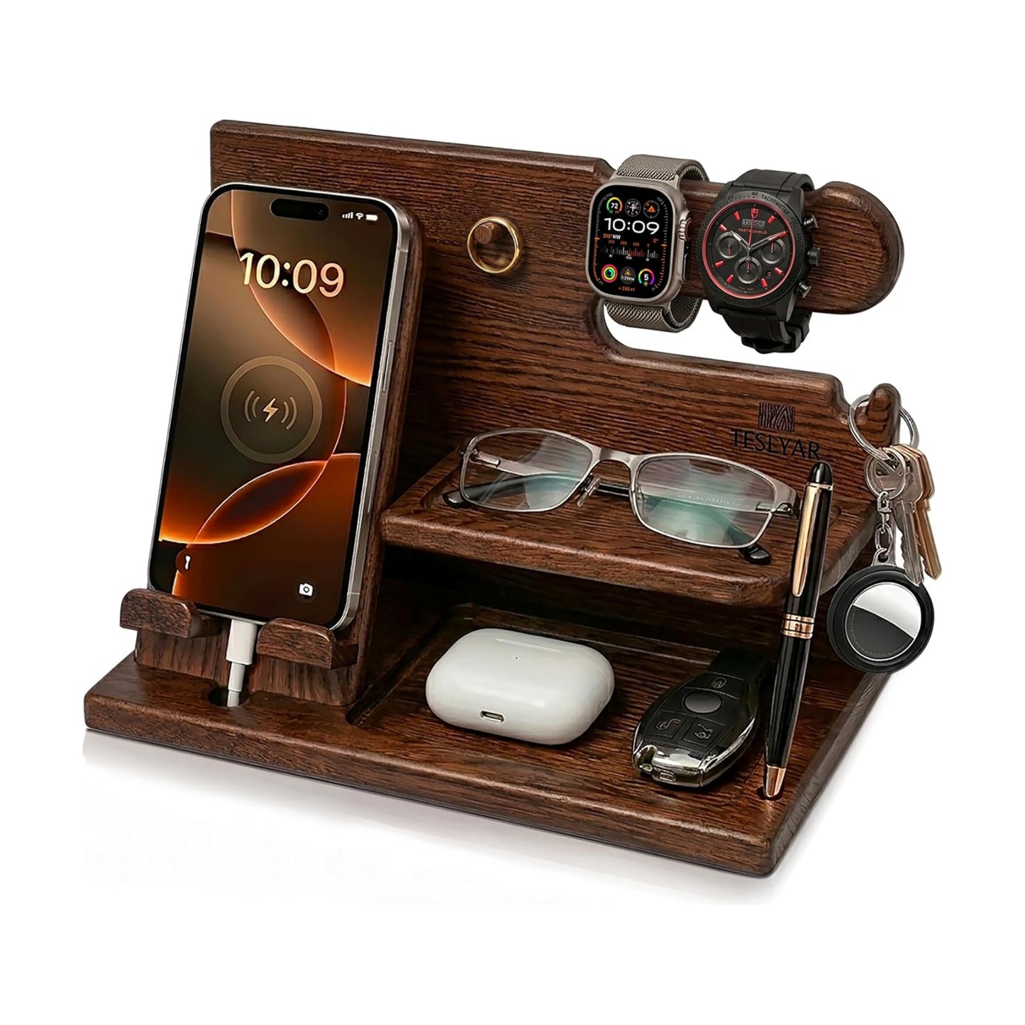 TESLYAR Wood Phone Docking Station for Men - Desk or Nightstand Organizer - Birthday Gifts for Husband, Dad