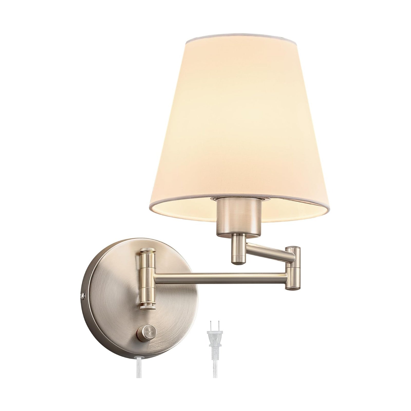 VONLUCE Wall Lamp, Plug in & Swing Arm Wall Sconce, Nickel Finish | Modern Wall Lights with White Fabric Shades, Plug