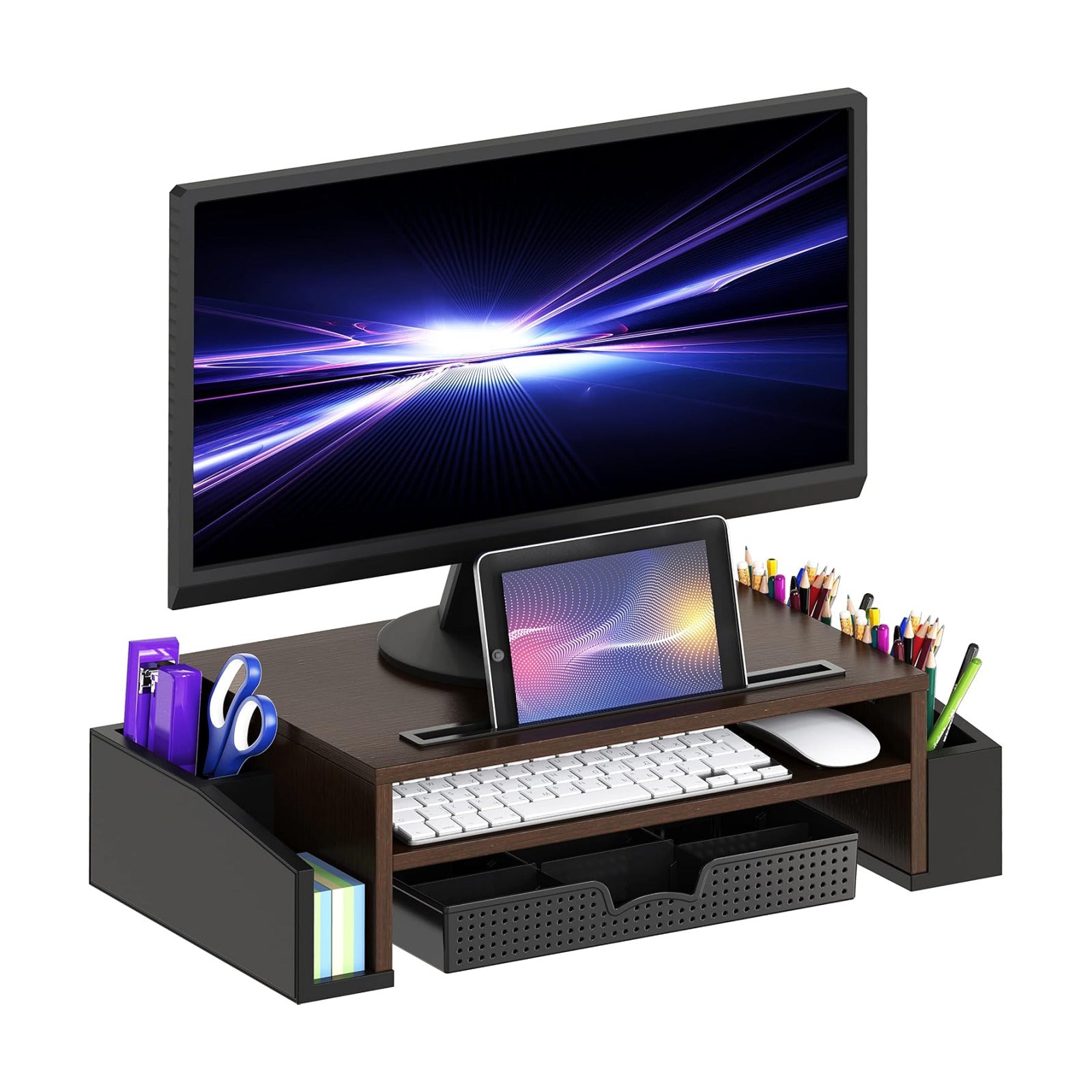 Simple Houseware Desk Monitor Stand Riser w/ Adjustable Tray, Espresso | Built-In Tablet Slot and Side Storage
