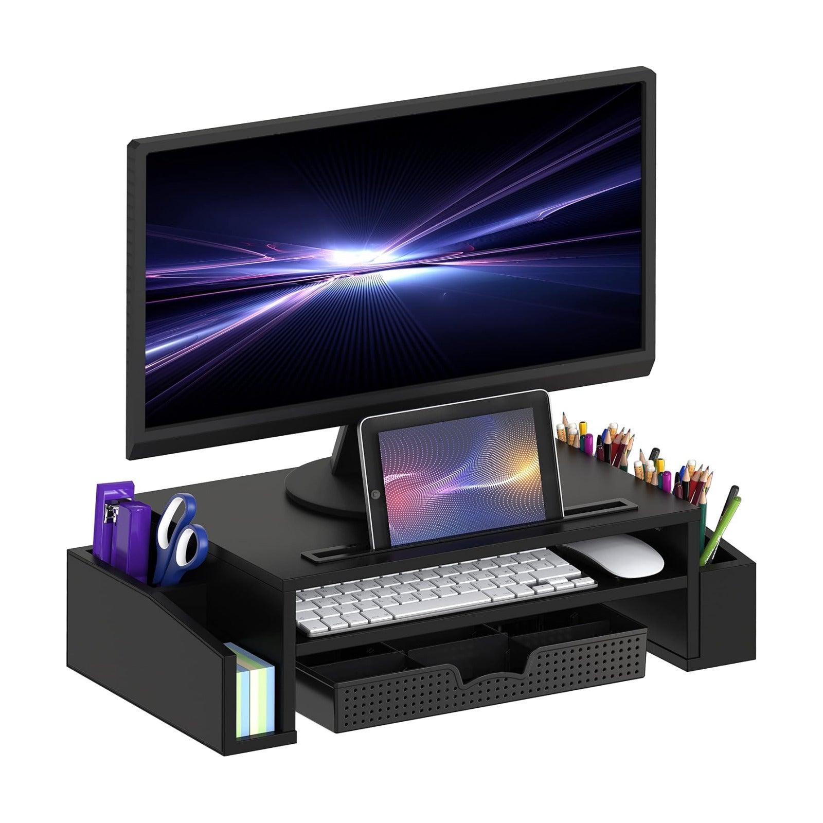 Simple Houseware Desk Monitor Stand Riser w/ Adjustable Tray, Black | Built-In Tablet Slot and Side Storage