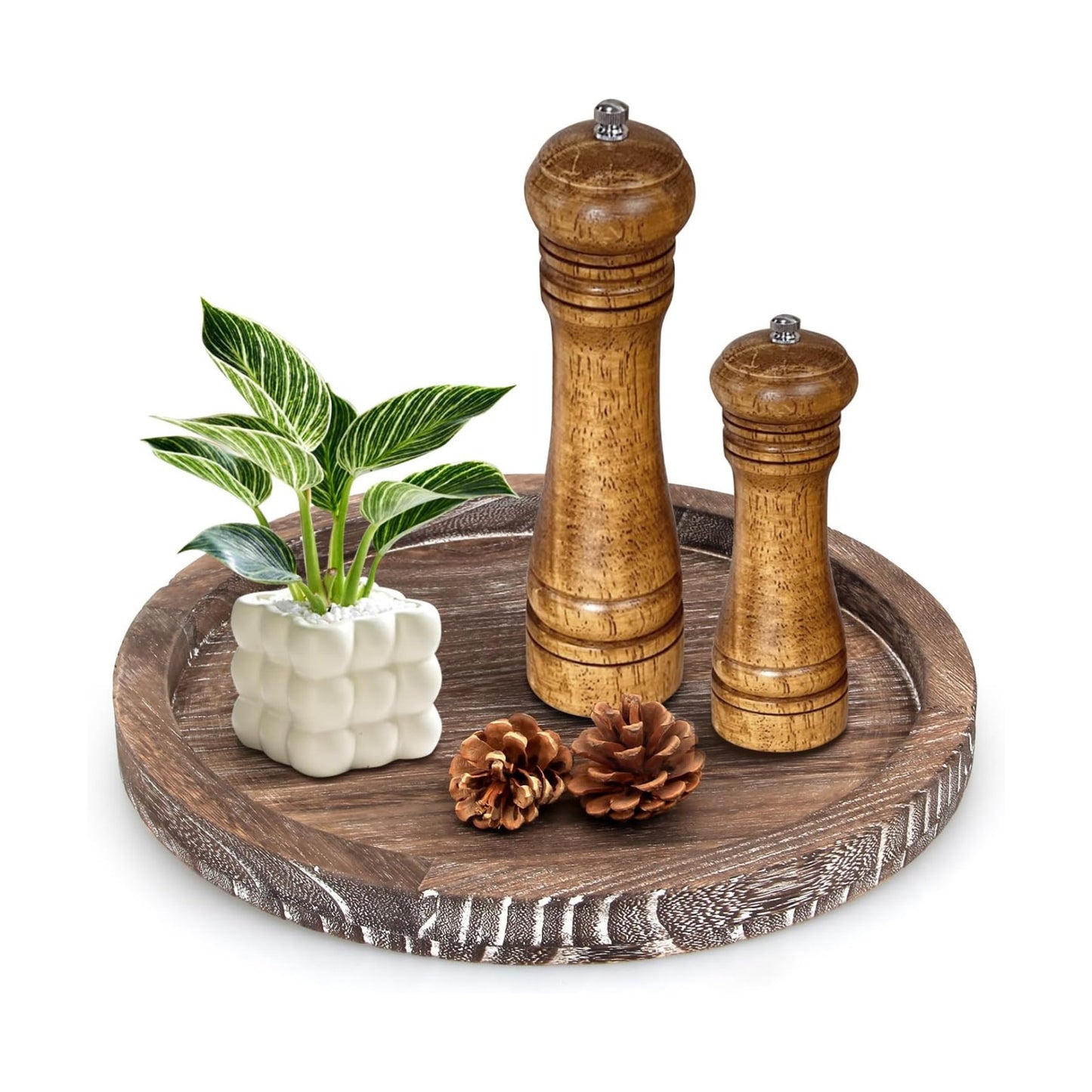Round Decorative Wooden Serving Trays for Ottoman Coffee Table Tray / Washedwhite / Set of 12