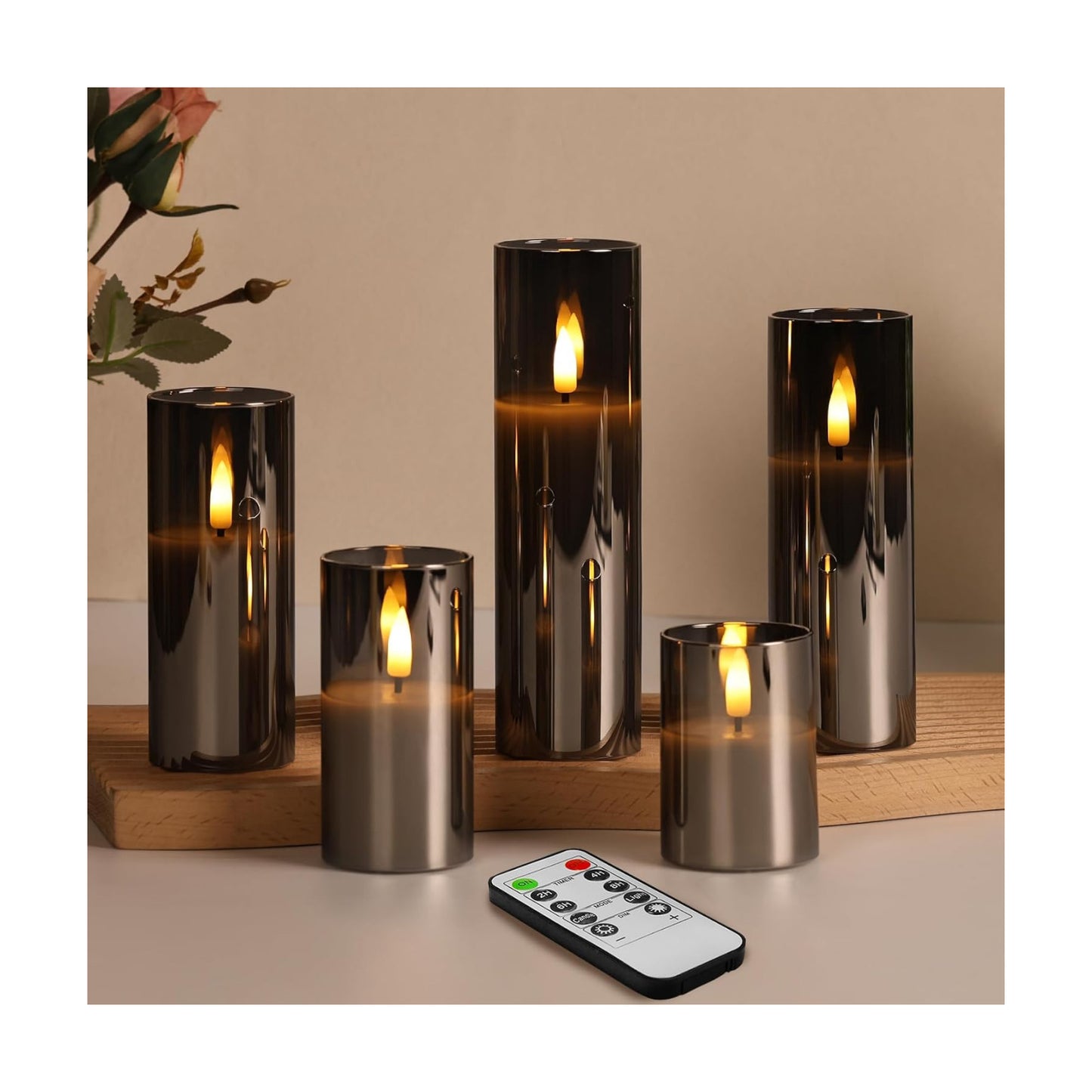 Grey Glass Flameless Pillar Candles with Remote Batteries Set of 5 | Flickering Tall LED Candles, Batteries Included
