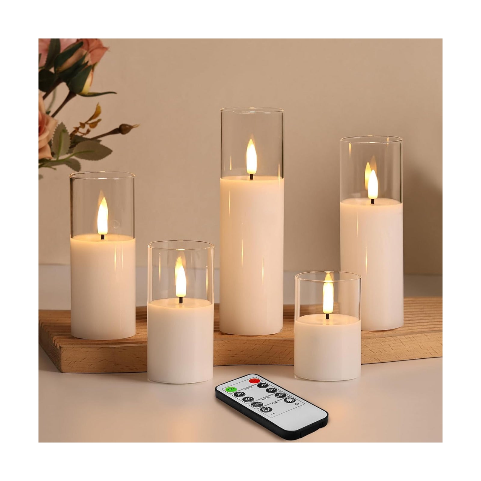 Clear Glass Fake Pillar Candles with Remote Batteries Set of 5 | Flickering Tall Flameless LED Candles, Wedding Home