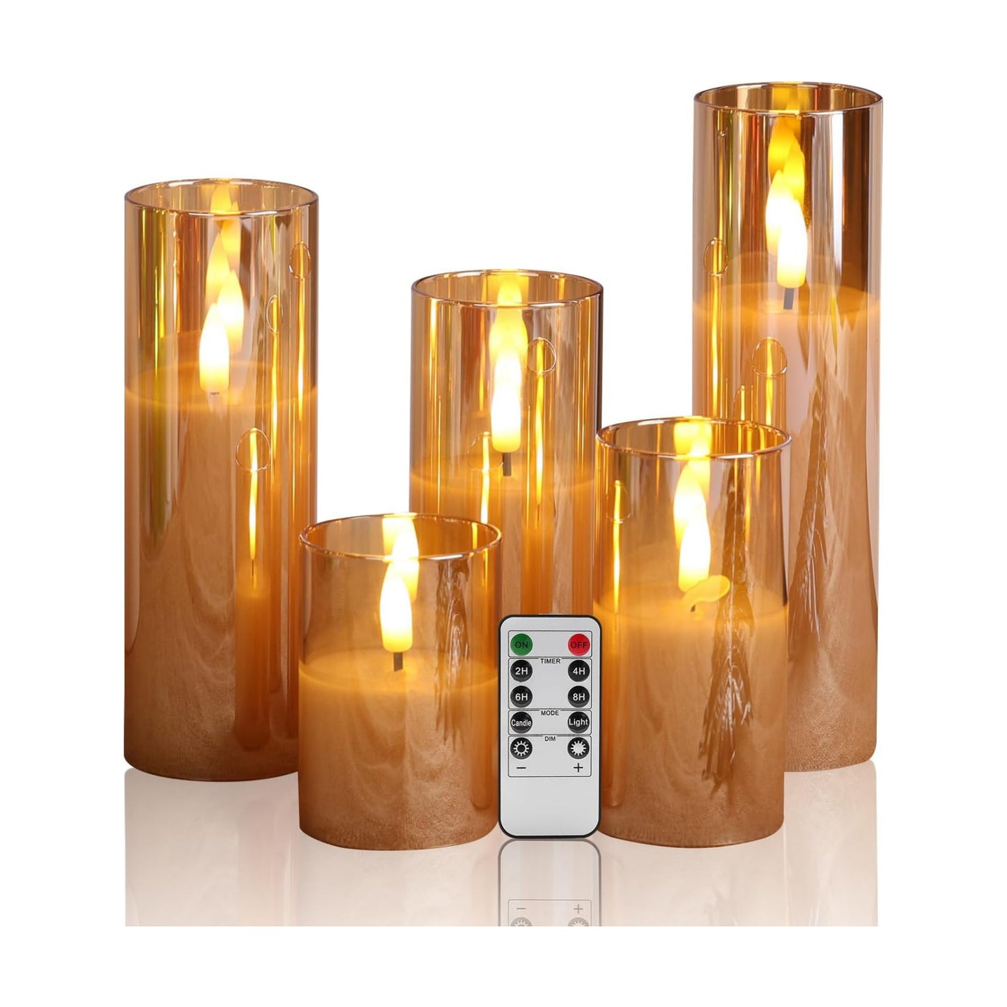 Amber Gold Glass Flameless Pillar Candles with Remote Set of 5 | Flickering Fall LED Candles, Batteries Included