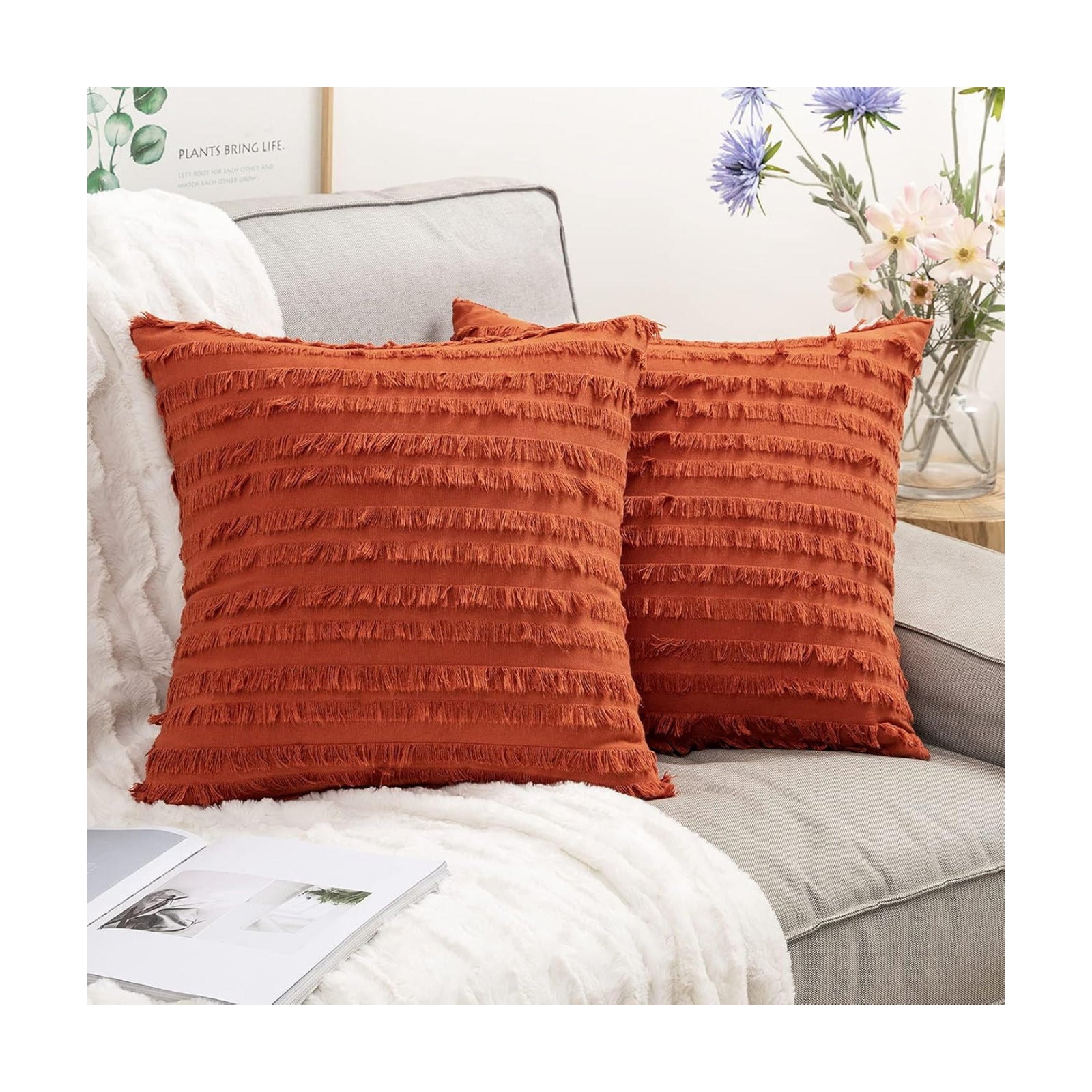 Fall Decorative Boho Throw Pillow Covers Linen Striped Jacquard / 16 x 16 / Burnt Orange / Set of 2