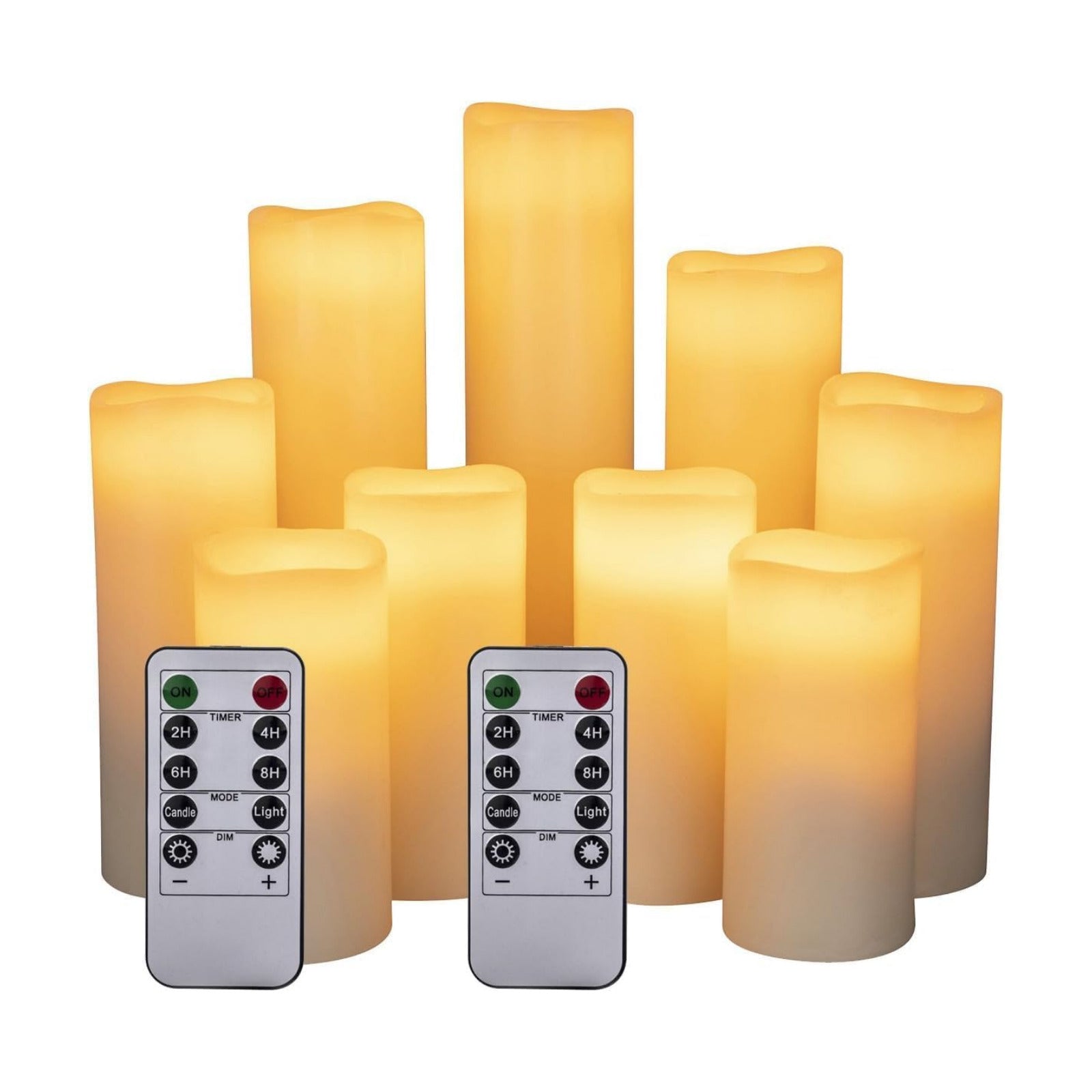 Flameless Battery Operated Led Candles10-Key Remote 24Hours Timer Set of 9 | (H 4" 5" 6" 7" 8" 9" x D 2.2") Real Wax