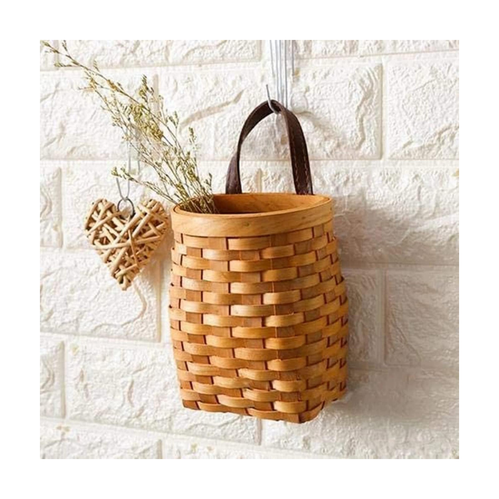 Hand-Woven Wood Storage Basket Portable Wall Hanging Flower Basket Organizer Fruit Vegetable Rattan