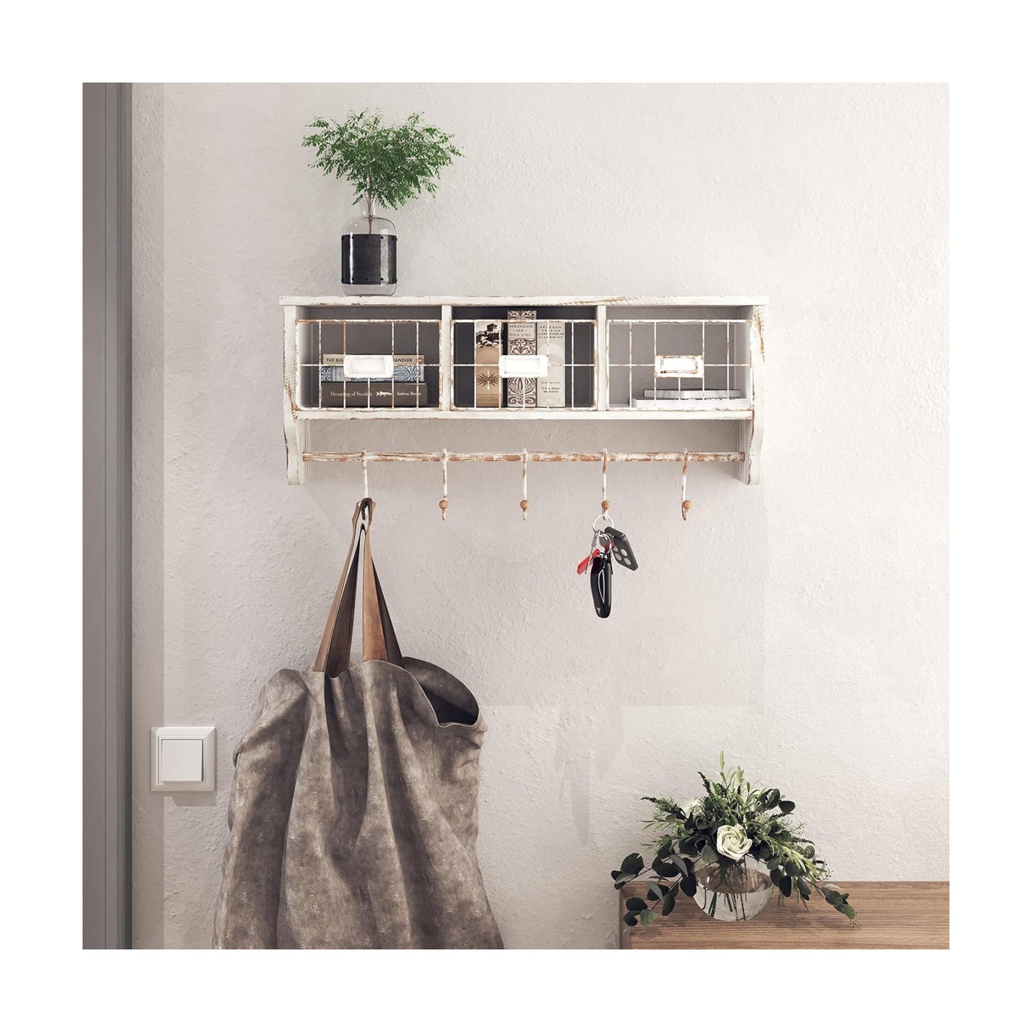 HBCY Creations Wall Mounted Shelf with Coat Hooks and Baskets, Solid Wood Entryway Organizer Wall Shelf with Hooks