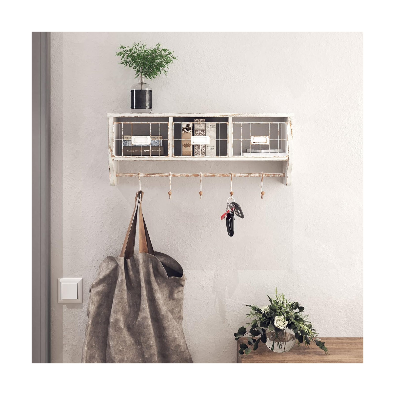 HBCY Creations Wall Mounted Shelf with Coat Hooks and Baskets, Solid Wood Entryway Organizer Wall Shelf with Hooks