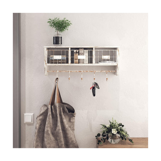 HBCY Creations Wall Mounted Shelf with Coat Hooks and Baskets, Solid Wood Entryway Organizer Wall Shelf with Hooks
