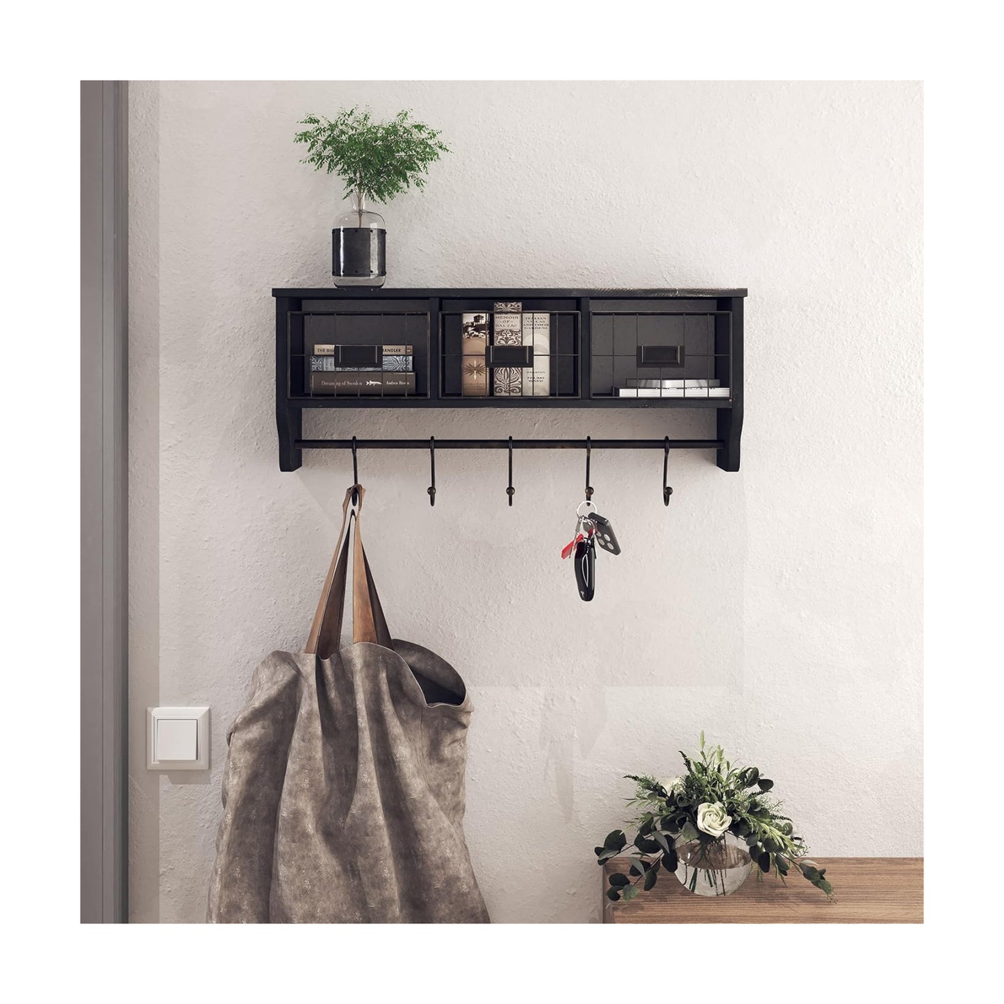 HBCY Creations Wall Mounted Shelf with Coat Hooks and Baskets, Solid Wood Entryway Organizer Wall Shelf with Hooks