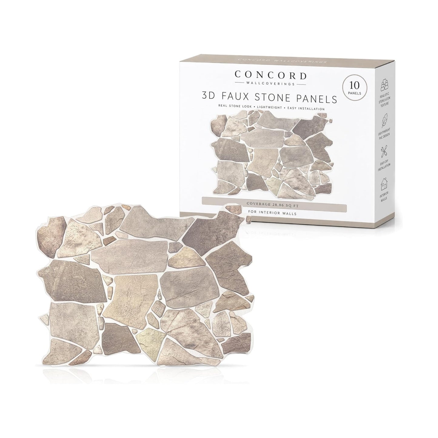 3D Faux Stone Wall Panels, Wild Boulder, Pack of 10, Covers 28.86 Sq Ft | Grey, Beige & Brown, Lightweight PVC, 17.5" x