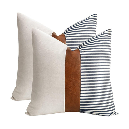 Modern Dark Brown Faux Leather Accent Pillow Covers / Navy Blue / 18 x 18 / Set of 2